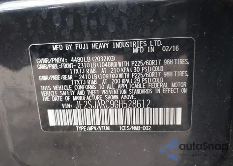 2016 Subaru Forester 2.5I Limited from USA, damaged, VIN JF2SJARC9GH528612